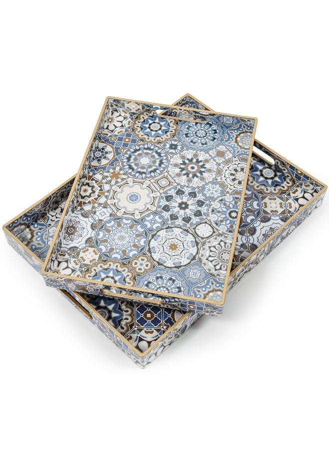 AGIOTA 2 Pcs Serving Tray with Handles Bohemian Decorative Tray Large Ottoman Trays for Living Room Blue Coffee Table Trays for Breakfast - Image 1
